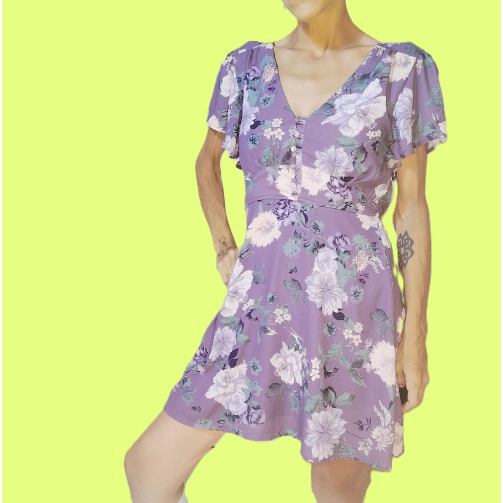 Miami ~ Purple Floral Button Front Babydoll Mini Dress ~ XXS ~ Layered High-Low